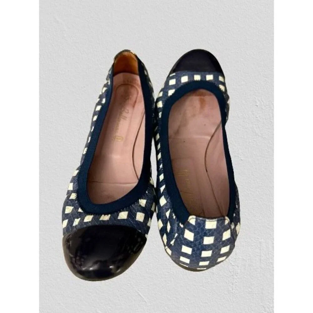 PRETTY BALLERINA Shirley Ballet Slippers Flat Slip-on Shoes Navy White Check Cap